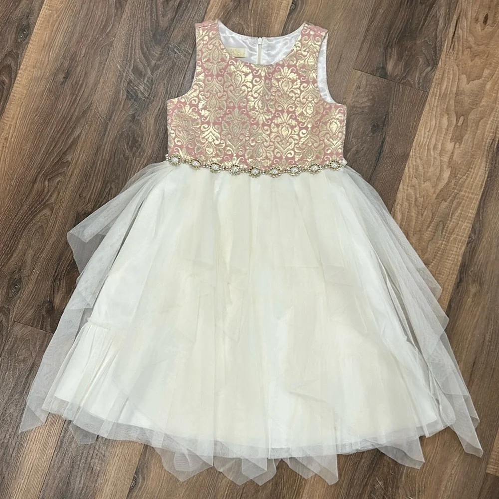 American Princess Pearls and Tulle Sparkle Fancy Dress Size 7 Pink/Cream/Gold